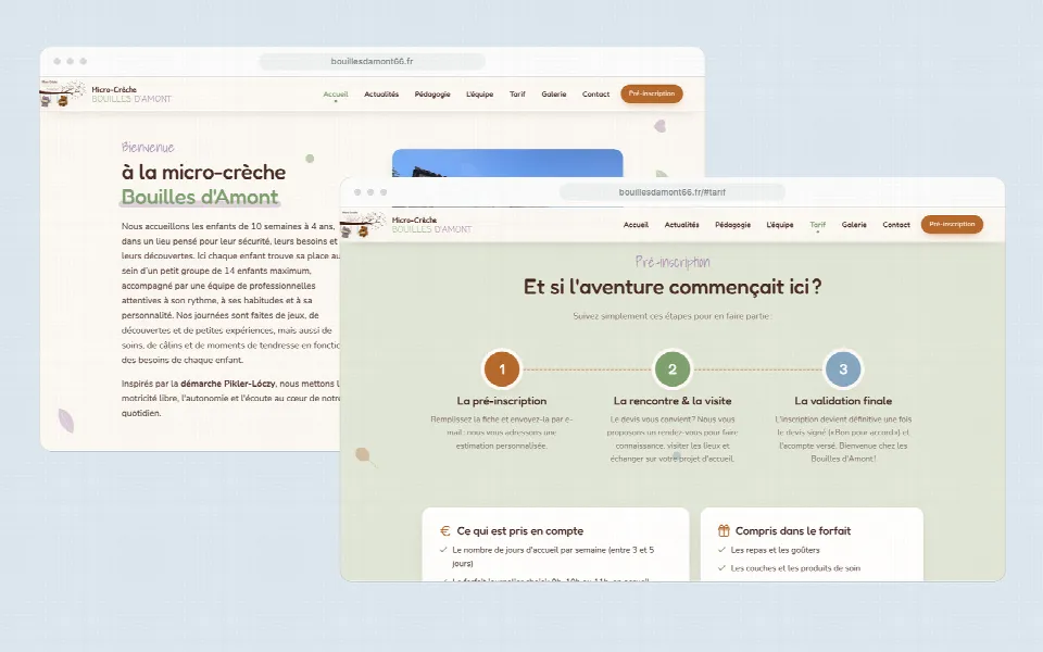 Site de la micro-crèche Bouilles d’Amont : présentation des lieux et parcours de pré-inscription sur deux ordinateurs portables
