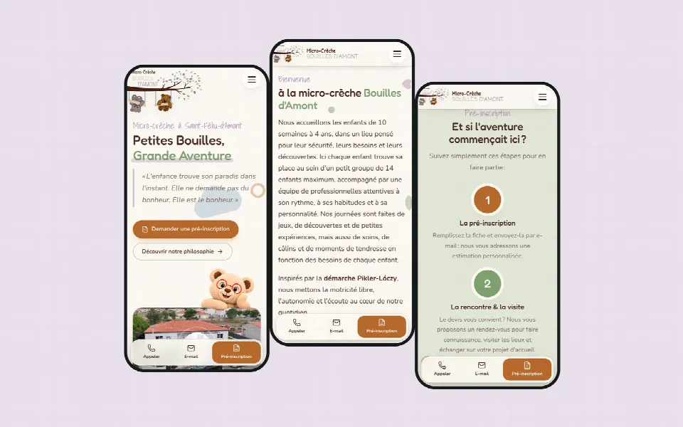 Site de la micro-crèche Bouilles d’Amont en version mobile : accueil, présentation et pré-inscription
