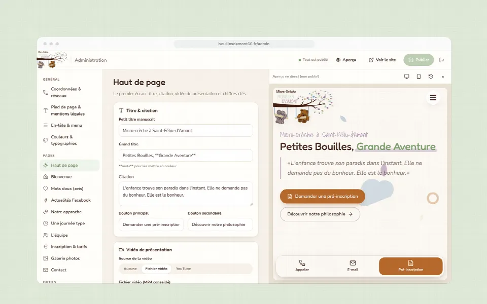 Espace d’administration du site Bouilles d’Amont : édition du haut de page avec aperçu en direct sur mobile