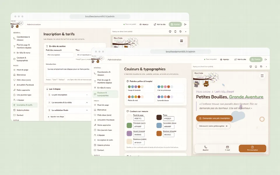 Espace d’administration du site Bouilles d’Amont : couleurs et typographies, inscription et tarifs