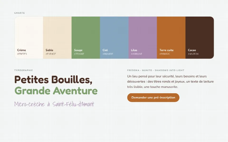 Charte du site Bouilles d’Amont : palette de couleurs et typographies Fredoka, Nunito et Shadows Into Light