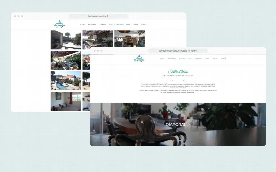 Site web du Chant du Poulpe présenté sur deux ordinateurs portables : diaporama et table d’hôtes